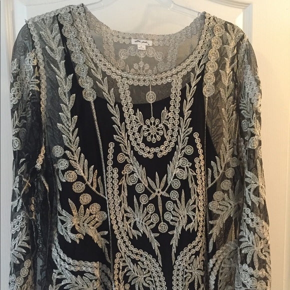 Black & Gold Sheer Embroidered Top w/tank - Picture 6 of 7